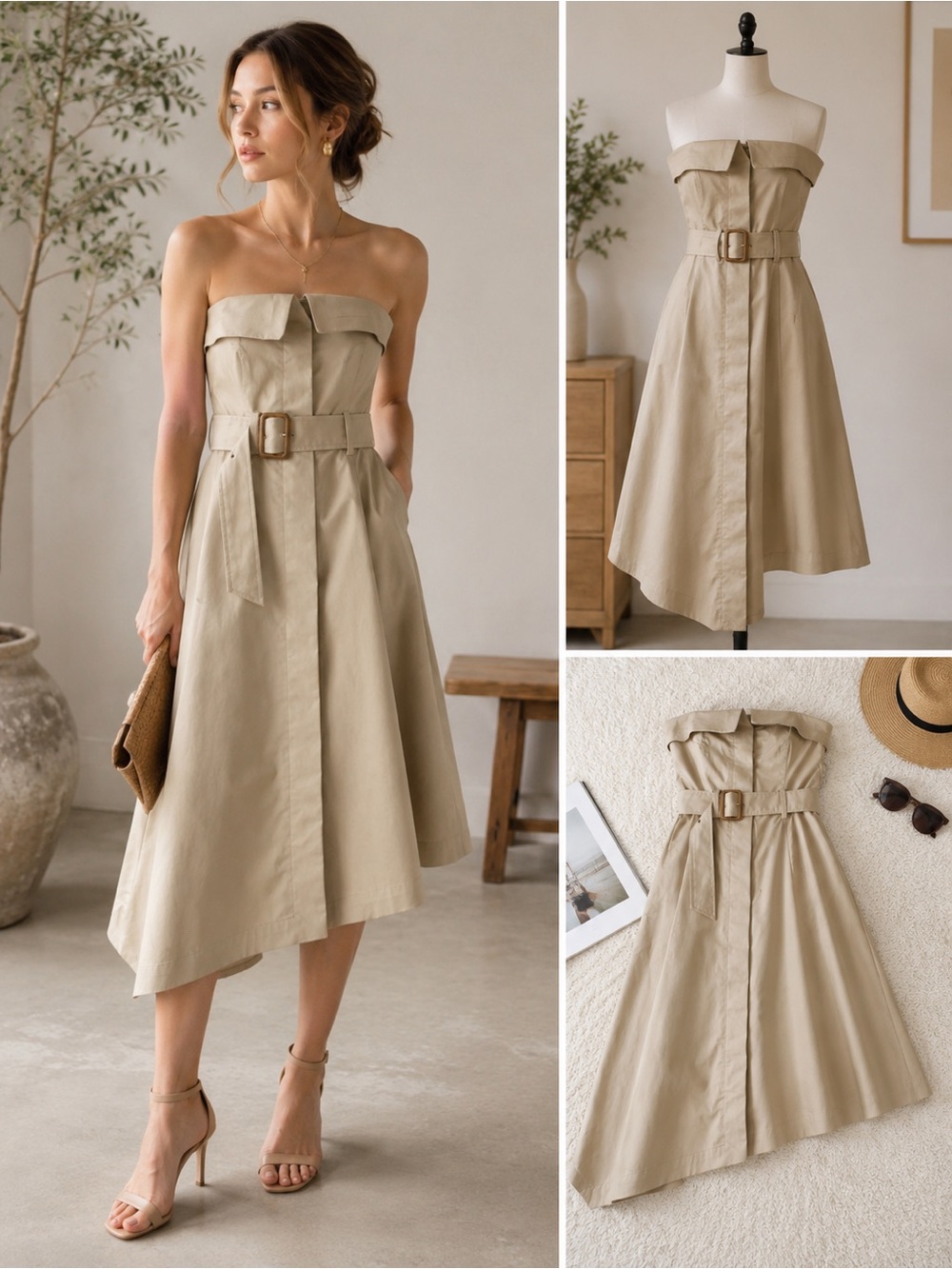Banana republic asymmetrical strapless dress size 4 beige belted cocktail NWT